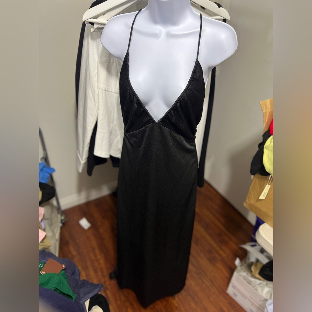 OGL shimmery halter cross back maxi dress